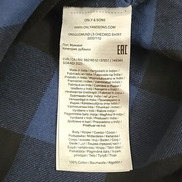 Only & Sons Men's Button Up Flannel Cotton Shirt Slim Blue Black Checkered Sz L - Picture 10 of 12